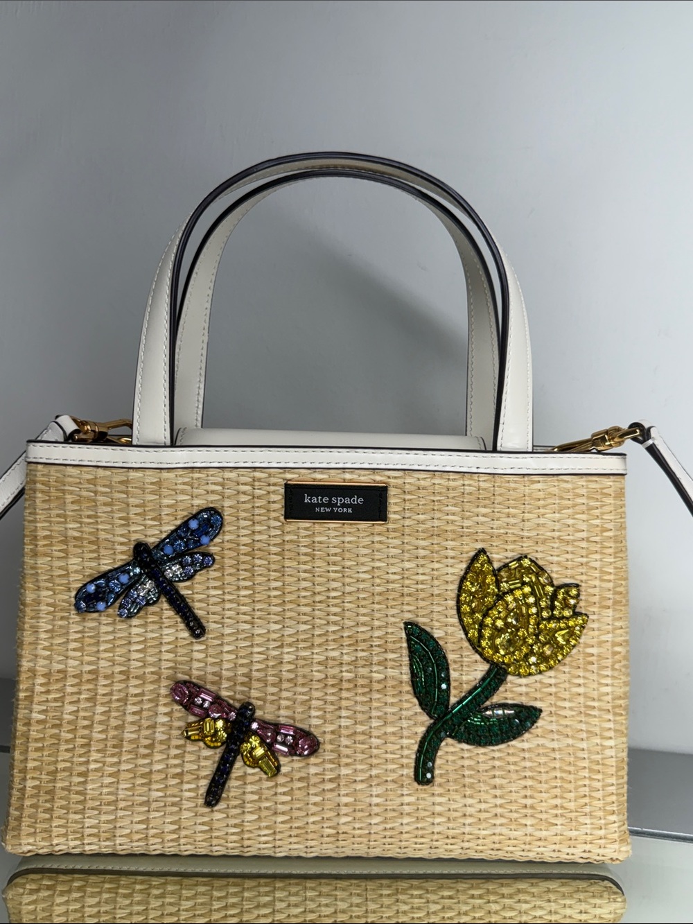 KATE SPADE Sam Icon Dragonfly Embellished Straw Small Tote Crossbody Bag Purse - Picture 7 of 17
